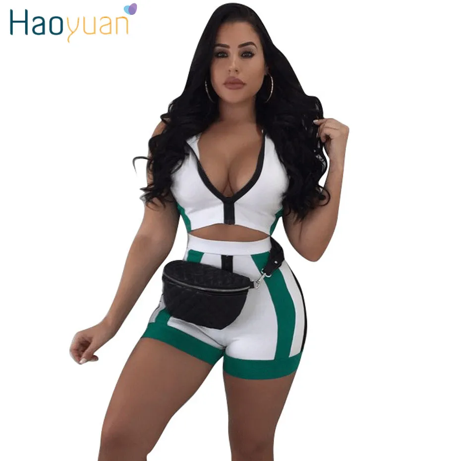 Haoyuan Casual 2 Stuk Set Vrouwen Hooded Zip Crop Tops + Shorts Suits White Summer Outfits Sexy Tweedelige Matching Sets Trainingspak