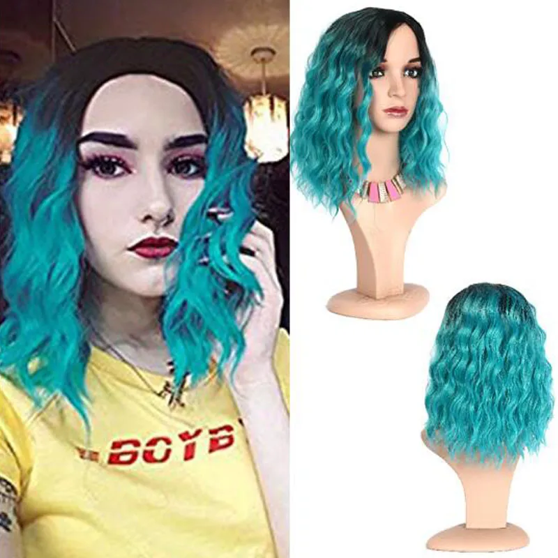 Parrucca per capelli Parrucche Cosplay Ombre Parrucche Blu Onda d'acqua corta Capelli finti Capelli sintetici Resistenza alle alte temperature Spedizione gratuita 2018