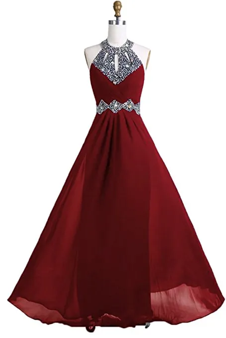 Vestido de noche largo de gasa con cuentas con cuello halter Nuevos vestidos de fiesta sin Vestido de noche largo de gasa con cuentas con cuello halter Nuevos vestidos de fiesta sin