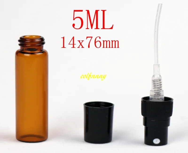 / 5ML 앰버 유리 스프레이 병 5 ml 갈색 Emtpy 충전식 향수 병 플라스틱 모자 14 x 76 mm