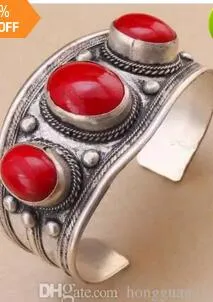 Unisex Vintage Oval Rote Koralle Stein Perlen Manschettenarmband Tibet