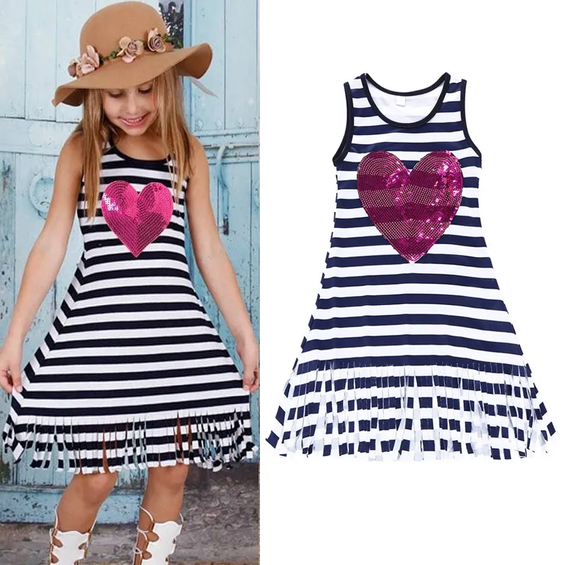 Baby girls tassel stripe dress Children Heart-shaped Sequins princess dresses 2018 new Boutique Kids Clothing C3588