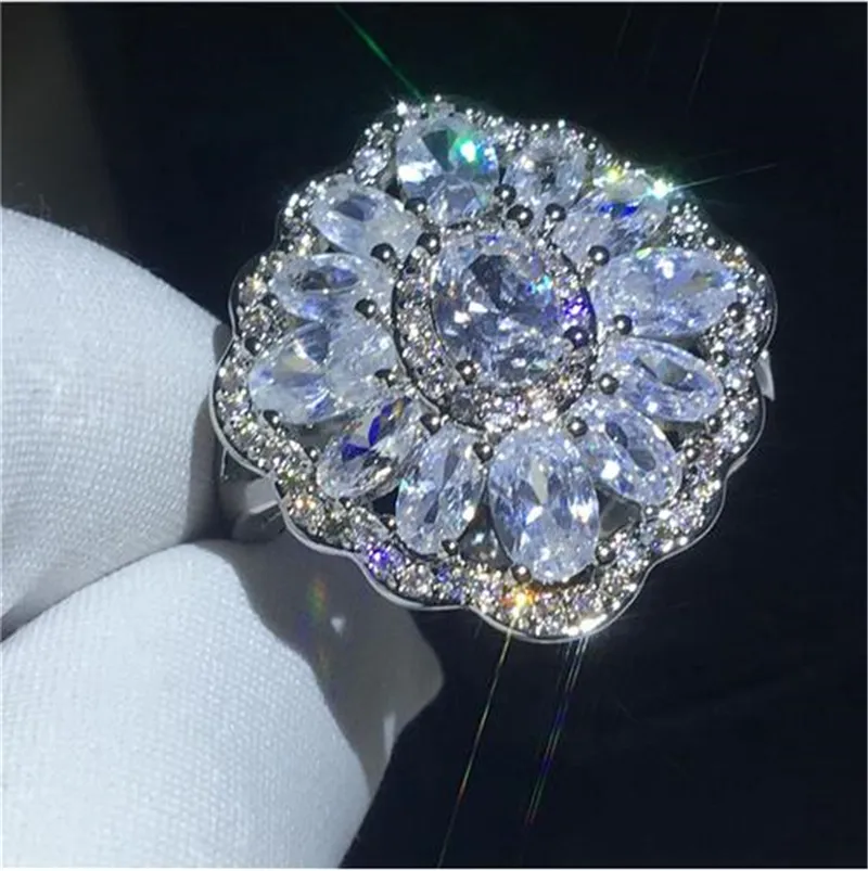 2018 Romantick Flower Pierścień Silver Color Diamond CZ Kamień Duży Zaręczyny Zespół Pierścionek Dla Kobiet Bridal Moda Biżuteria