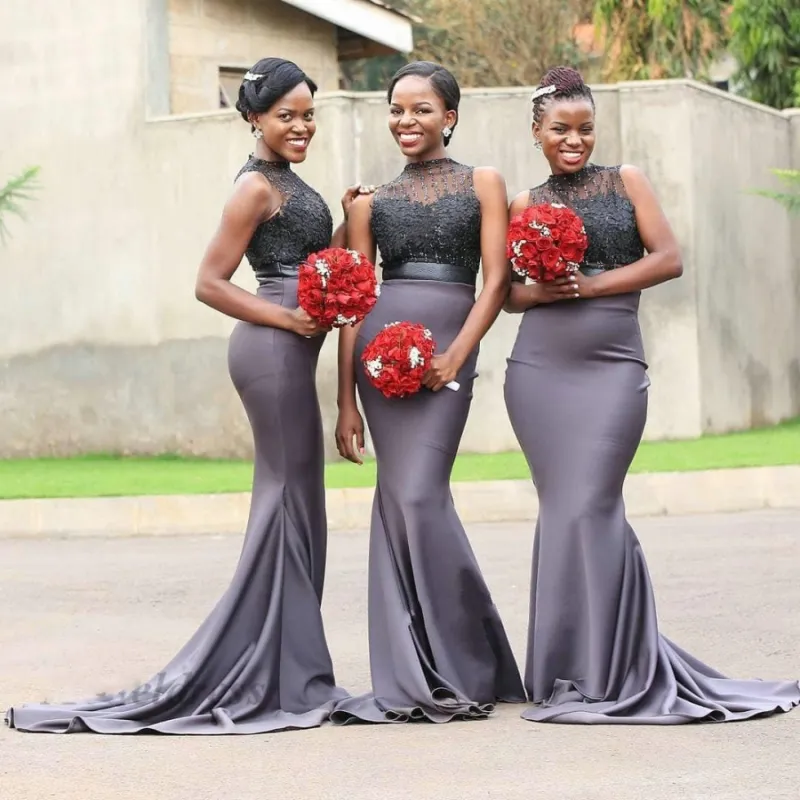 Nigeria Gray Mermaid Bridesmaid Dresses High Neck Sleeveless Lace And Satin Maid Of Honor Gowns For Wedding Long Bridesmaid Dress