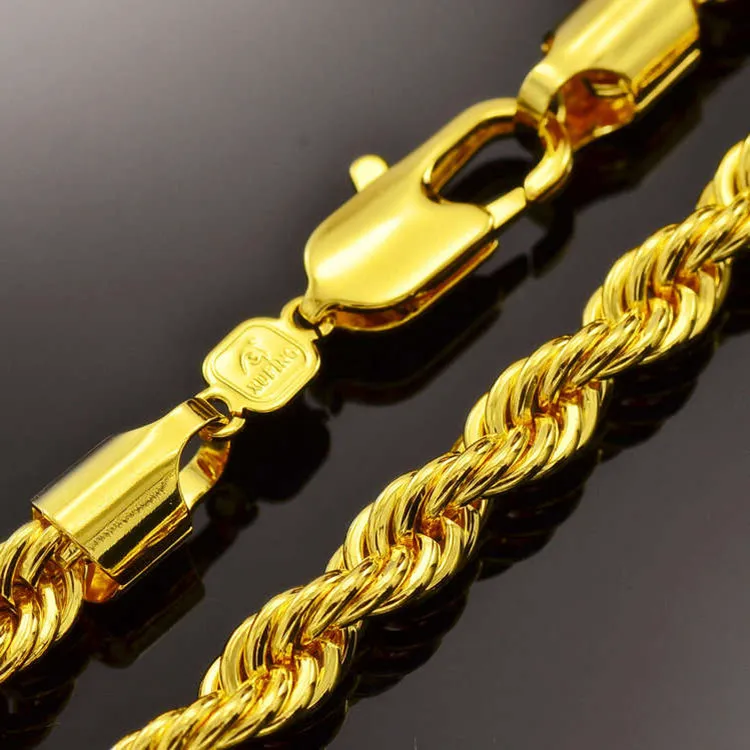 Hip Hop – collier chaîne en corde solide pour hommes, 24 pouces, or jaune 18 carats, rempli de nœud de déclaration, bijoux cadeau, 7mm de large, 249K