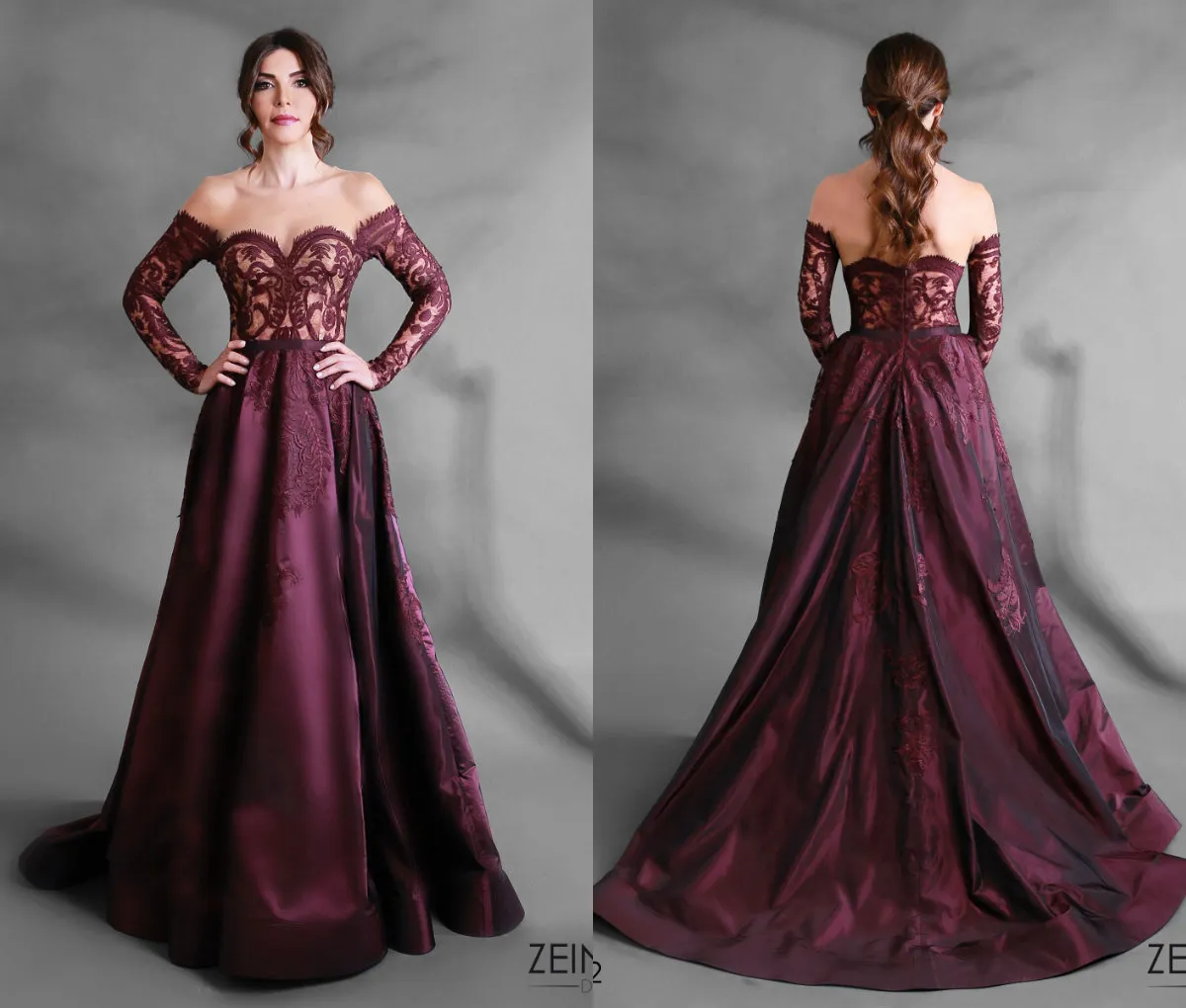 Bourgogne Mère De La Mariée Robes Hors De L'épaule Satin Balayage Train Dentelle Applique Mère Robes À Manches Longues Robe De Bal