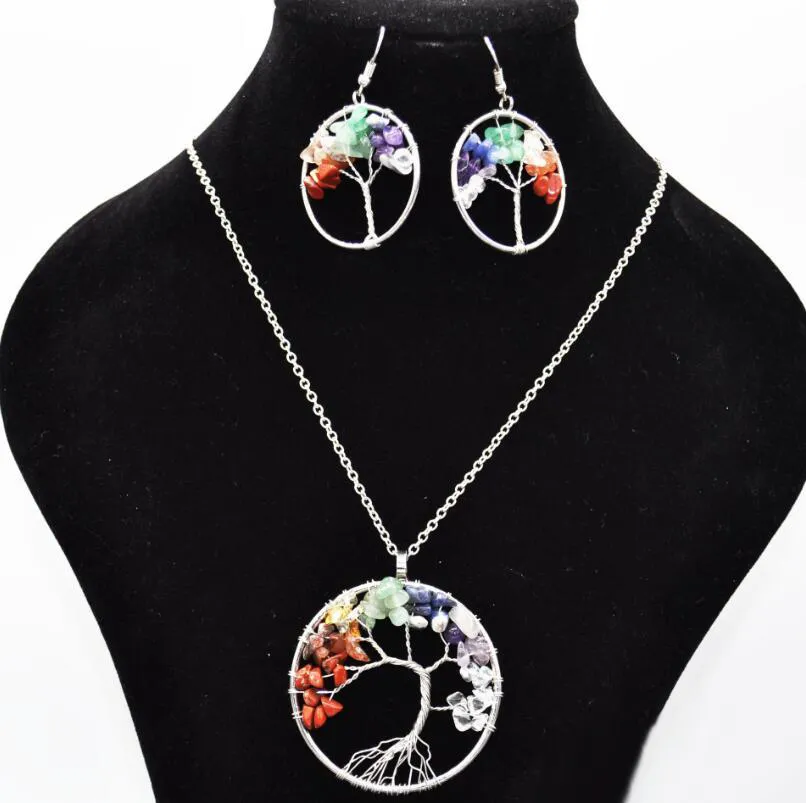 Femmes arc en ciel 7 améthyste chakra arbre de la vie puces de quartz boucles d'oreilles collier ensembles de bijoux multicolore arbre de sagesse collier en pierre naturelle