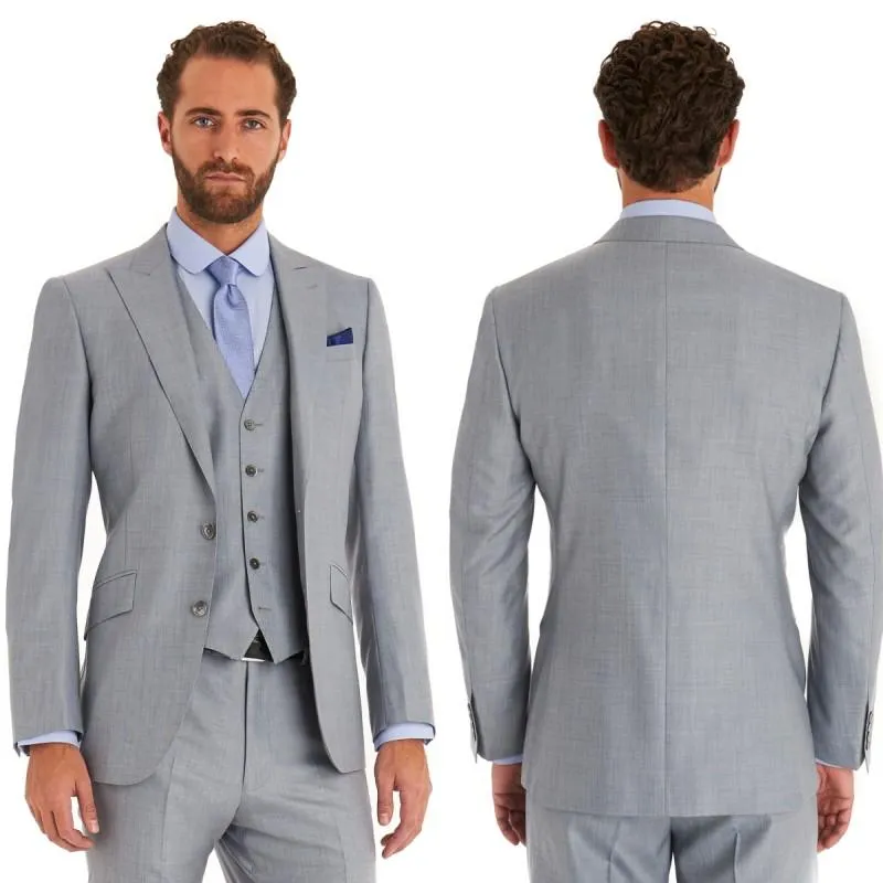 Customize Light Grey Groom Tuxedos Two Button Side Vent Groomsman Blazer Excellent Men Business Formal Prom Suit(Jacket+Pants+Tie+Vest)