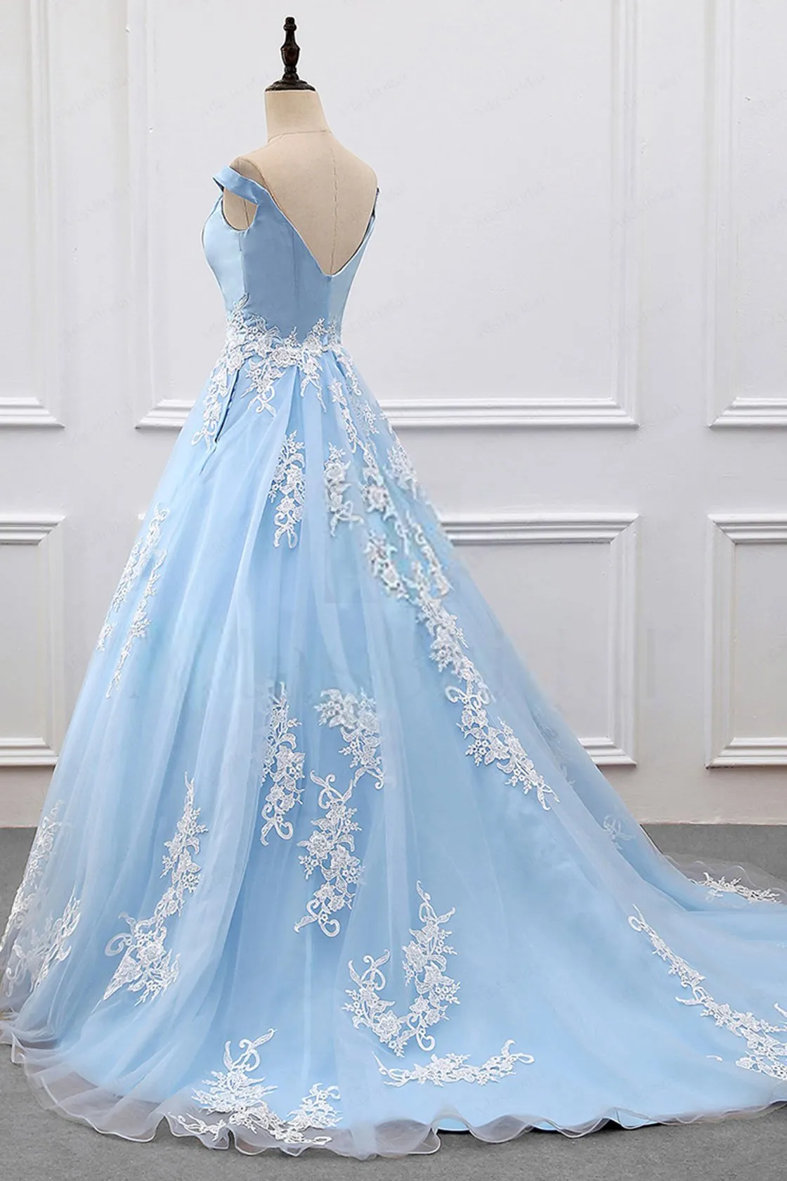 Actual Image Elegant Baby Blue With Ivory Lace Applique Dresses Evening Party Wear Off shoulder Sleeves Organza Formal Prom Gowns Long