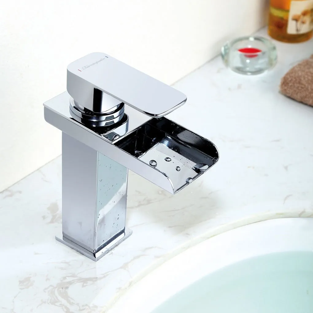 Badrum Vattenfall Sink Kran Singelhål SUS 304 Rostfritt stål Basin Mixer Tap Vanity Single Handle Water Saving Chrome Finish