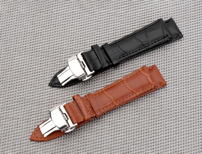 Fashion Slub präglad Watch Band Rand Push-knapp dold lås Double Press Fjäril Buckle Leather Black Brown Steel 12mm-24mm232s