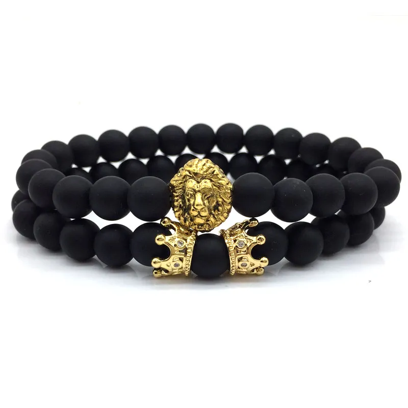 2 pçs / set 2018 nova moda leão coroa casal charme com lava bead bracelet conjuntos para homens wristband jóias acessórios