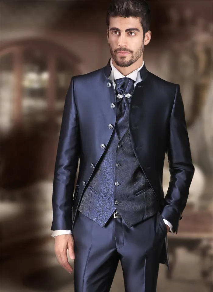 Goedkope Blue Men Suit Fit Bruidegom Tuxedos Groomsman Wedding Pakken Formele Pakken Custom Size (Jas + Broek + Vest) Drie stukken Bruiloft Bestmanslijtage