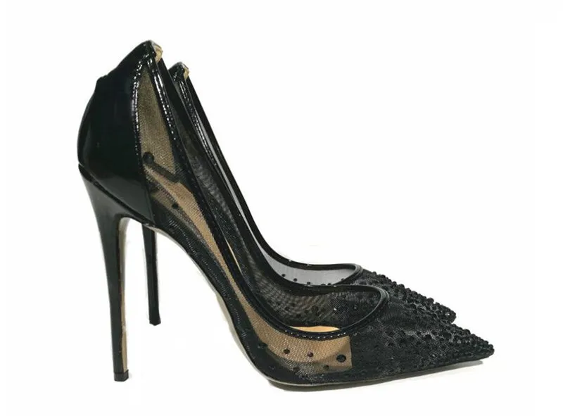 Frete grátis noiva casamento salto alto sexy preto verão malha cristal stras sapatos pontudos sapatos femininos bombas de dedo do pé pontudo sapatos femininos