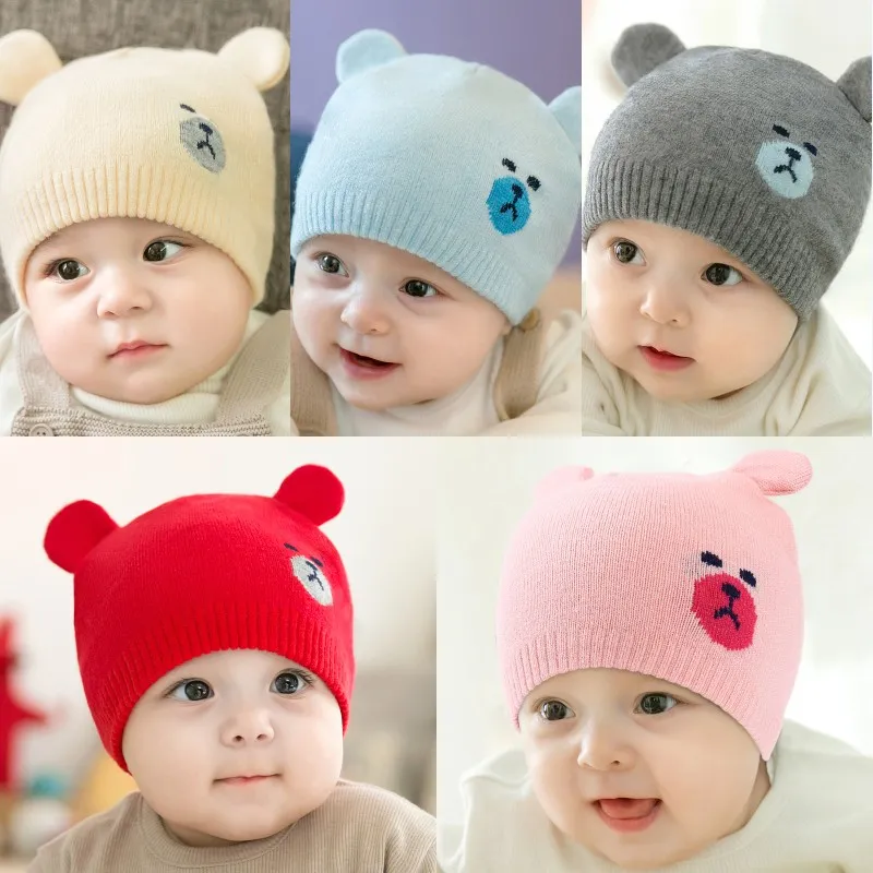 Fashion Newborn Ear flap Hats Knitted Warm Bear Round Machine Cap Protects Ear Bonnet Baby Winter Caps