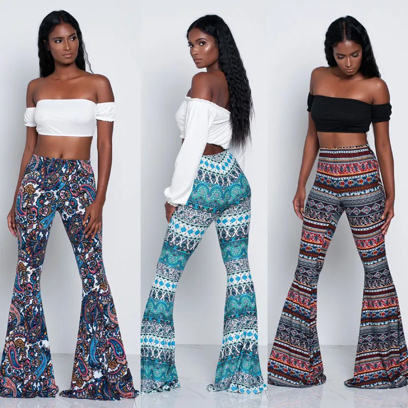 5 Colors Summer Women Printed Beach Boho Long Pants Retro Loose Flare Pants Casual Bohemian Elastic Slim Trousers