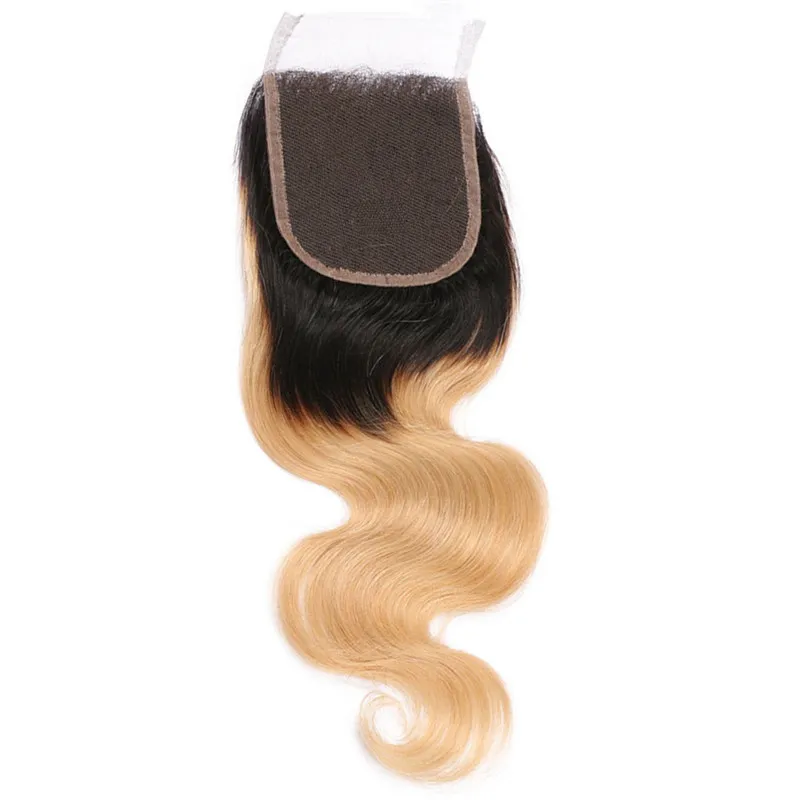 1B 27 Медовая блондинка омбр девственные перуанские человеческие пакеты для волос имеют дело с кружевным закрытием 4x4