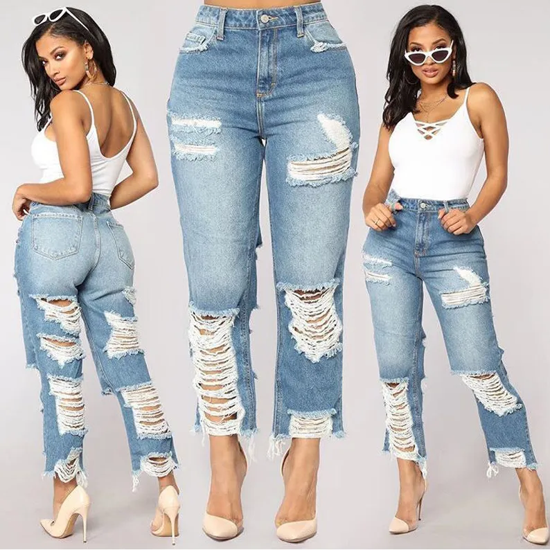 Nieuwe Big Hole Dames Jeans Straat Design Designer Kleding Womens Broek Mode Casual Goedkope China Dames Jeans