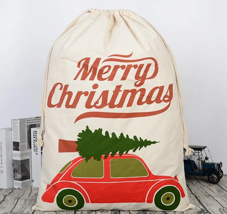 Vintage Canvas Kerst Sack Feestelijke Gunst Snoep Doek Gift Tas Auto Santa Kerstboom Trekkoord Strepen Tassen Party Houders Stocking