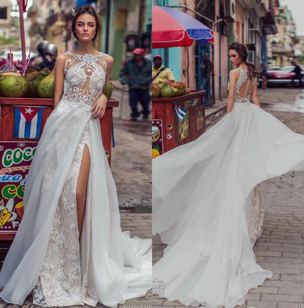 Lorenzo Rossi Abiti da sposa principessa con gonna oversize Abito da sposa in pizzo con spacco alto Appliqued robe de mari￩e Abito da sposa da spiaggia personalizzato