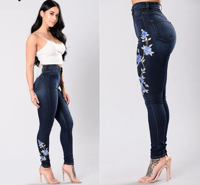 S-3XL Brodé Stretch Demin Jeans Pour Les Dames Skinny Jeans Femme Pantalon De Grande Taille