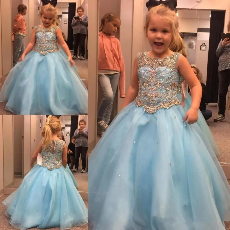 2019 Nieuwste Kristallen Beaded Light Sky Blue Girls Pageant Jurken A Line Kids Formal Wear Jurken Bloem Meisje Jurk Gratis Verzending