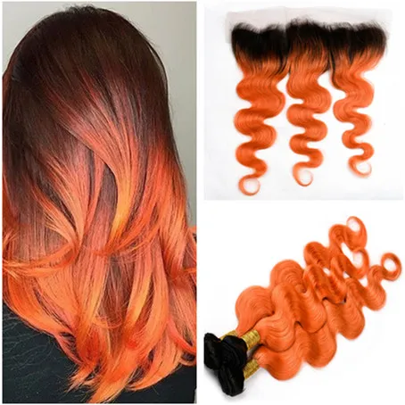 Body Wave # 1B / 350 Ombre brasiliane di capelli umani arancioni con chiusura frontale in pizzo 13x4 Ombre fasci di tessuto di capelli umani vergini arancioni