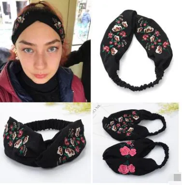 Style chinois broderie de fleurs bandeau noir Bandeau à larges bords pour cheveux bandeau vente chaude Bandeau de sport Bandeau pour se laver le visage