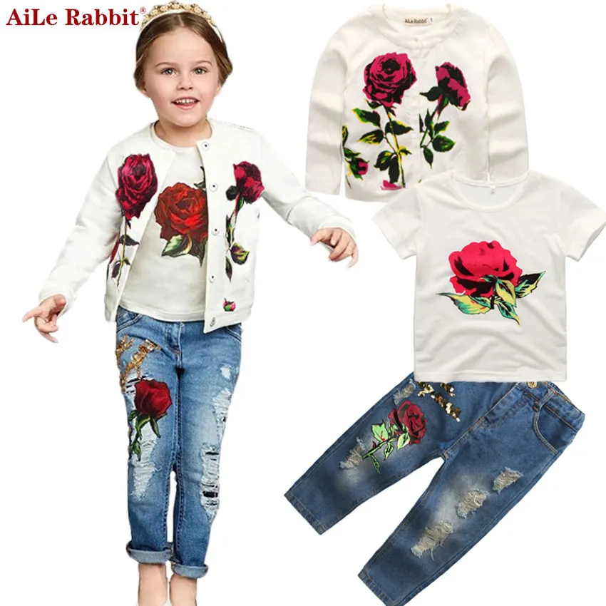 AiLe 2017 Autumn Newest Girls Clothes Suit Jacket +T shirt + Jeans 3 Pcs Set Fashion Rose Cardigan Tops Sequin Kids Coat