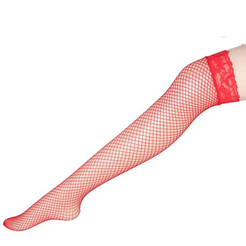 Female Girl Over Knee Lingerie Woman Sexy Fishnet Lace Nylon Top Mesh Thigh High Stockings Black White Red Pink