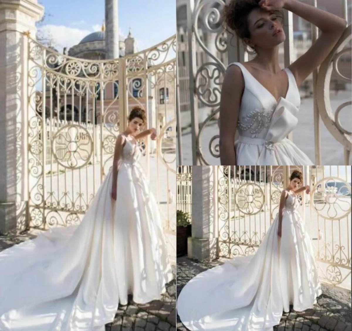 2019 Une Ligne Satin Plage Robes De Mariée Col En V Grand Arc Perles Cristal Balayage Train Sur Mesure Bohème Boho Robe De Mariée Robes De Mariée