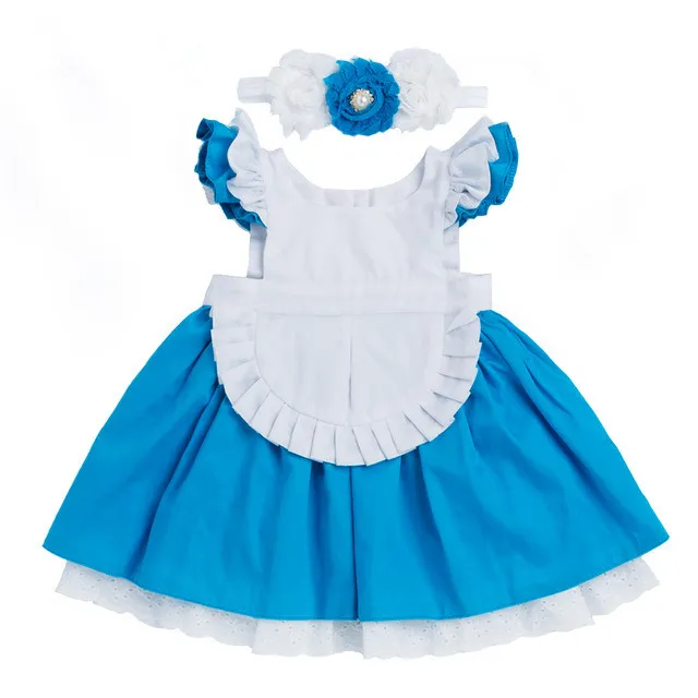 Meninas Vestido 2018 Novo Algodão Crianças Roupas Alice Cinderela Vestido Branco Azul Arco Meninas Do Bebê Cosplay Partido Princesa + Hairband 2 Pcs Roupas