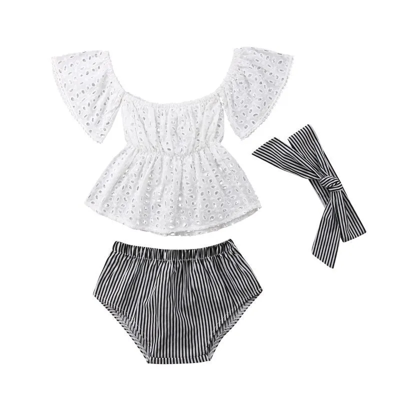 Newborn Baby Girl Clothes Set Lace Floral Off Shoulder Hollow Out Tops Blouse Stripe Shorts Headband 3PCS Summer Infant Toddler Outfit 0-24M