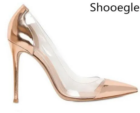 2018 Patent Leather White Gold Sliver Sliver Nagie Cienkie Pompy Heel Heel PlexIglass Clear Pvc Party Shoes Spiczaste pół-Sapatos Feminin