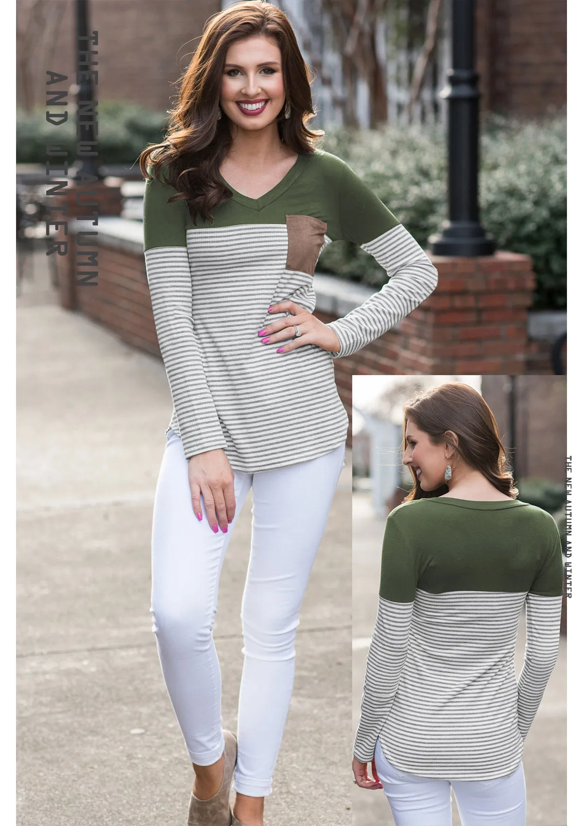 Camiseta A Rayas De Manga Larga De Cuello En V De Cuello En V Para Mujeres  Con Bolsillo De Parche Blusa Suelta Casual Para El Otoño 2024 De 7,47 € |  DHgate, image size:1200x1700