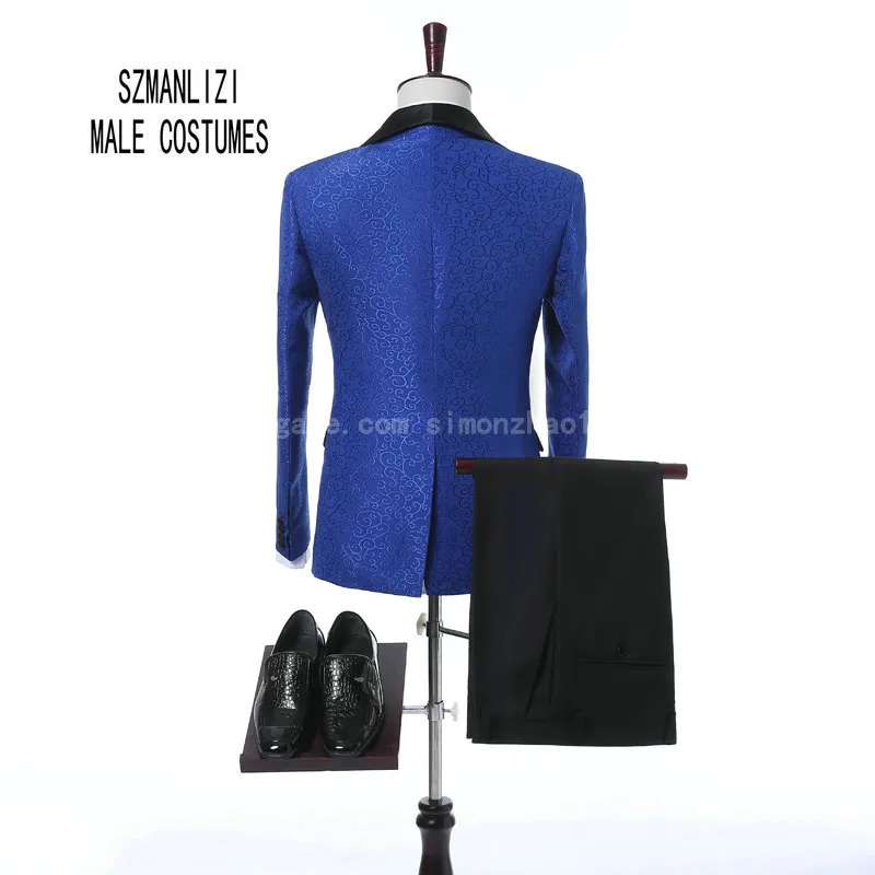 2018 최신 코트 바지 디자인 사용자 정의 만든 클래식 로얄 블루 플라워 남자 결혼식 정장 최고의 남자 블레이저 신랑 양복 턱시도 댄스 파티 슈트