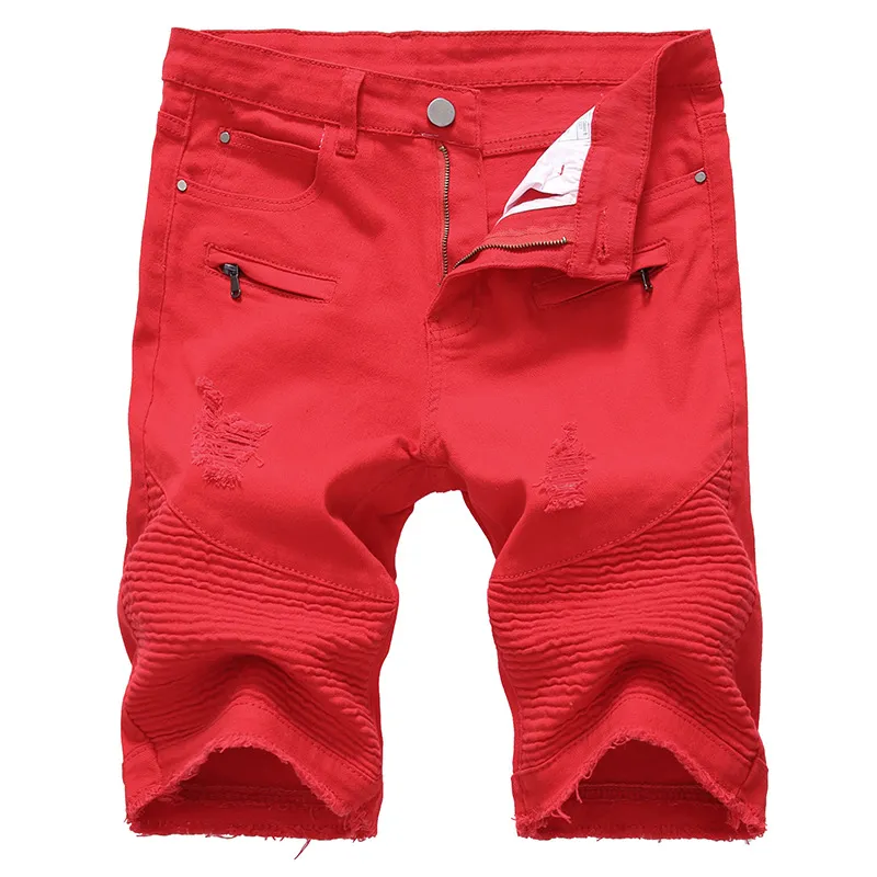 Sommer Herren Denim Shorts Slim Casual Knielange Jeans Shorts mit kurzen Löchern für Männer Straight Bermuda Masculina Weiß Schwarz Red293E