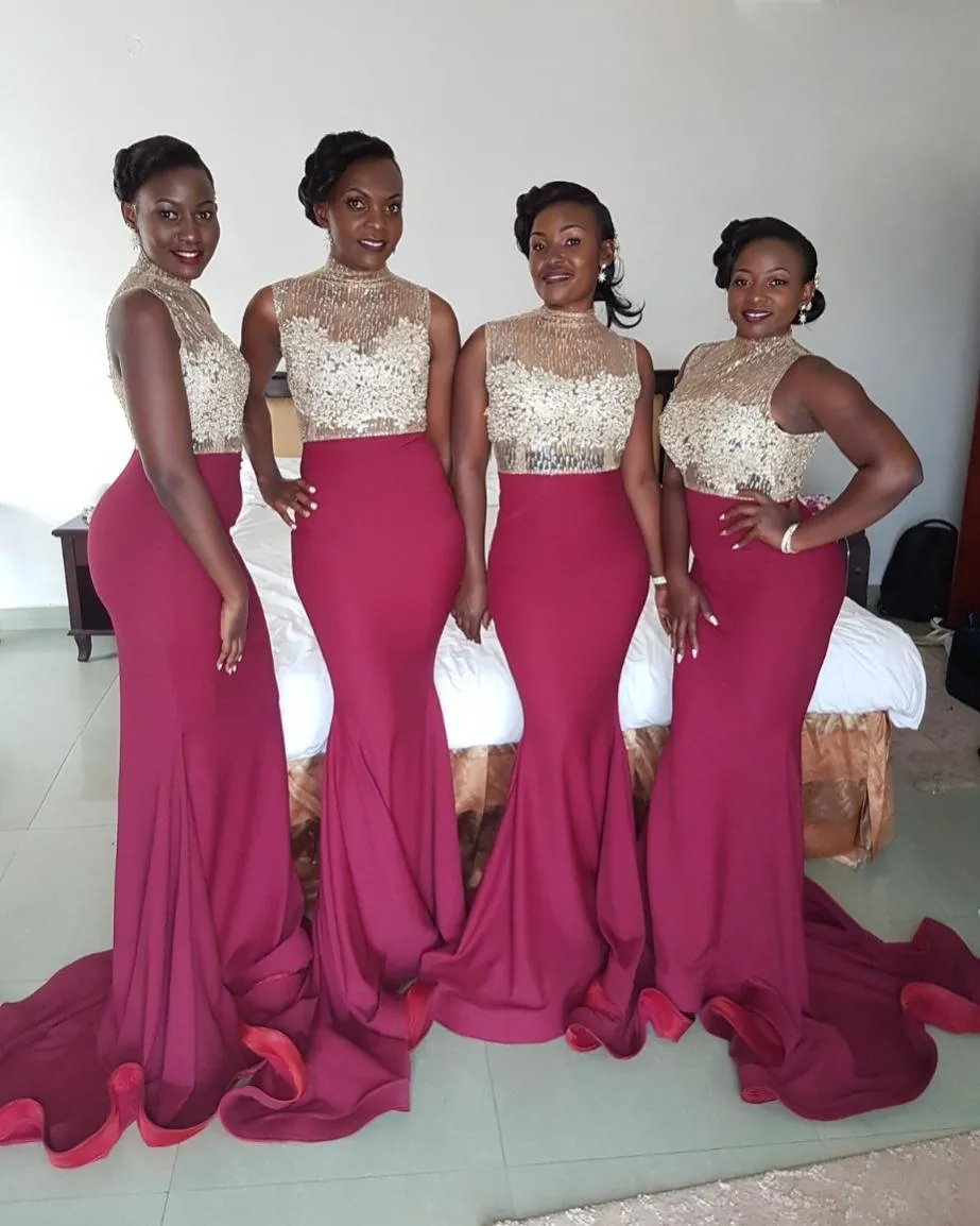 Zwarte Afrikaanse Nigeriaanse meisjes zeemeermin bruidsmeisje juweel hals kant applique vloer lengte bruiloft gast formele bruidsmeisje jurken