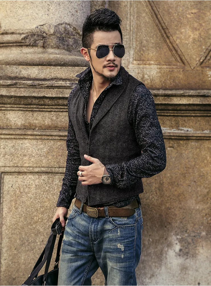 2019 Dernière Tweed Gilet Laine À Chevrons Groom Gilets Poches Hommes Costume Gilets Slim Fit Hommes Robe Gilet De Mariage Gilet Plus La Taille Col En V Y2