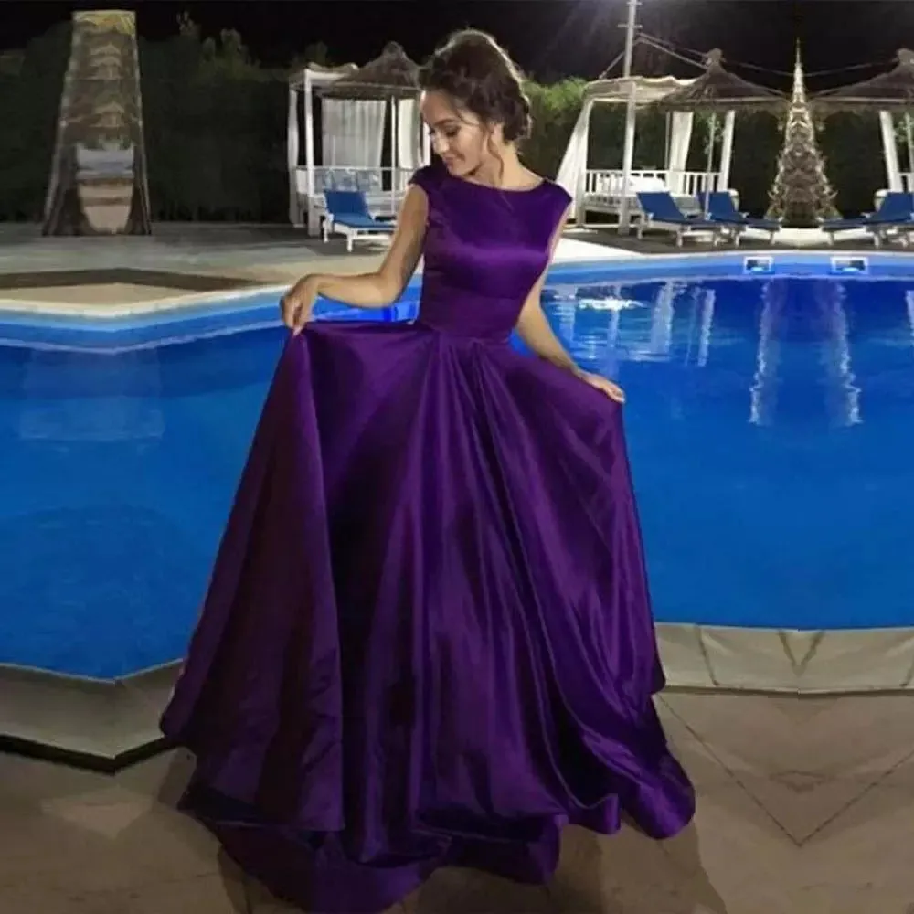 Purpurowe Długie Sukienki 2019 Różne Suboop Neck Satin Wieczorowa Suknia Women Party Dress Tanie