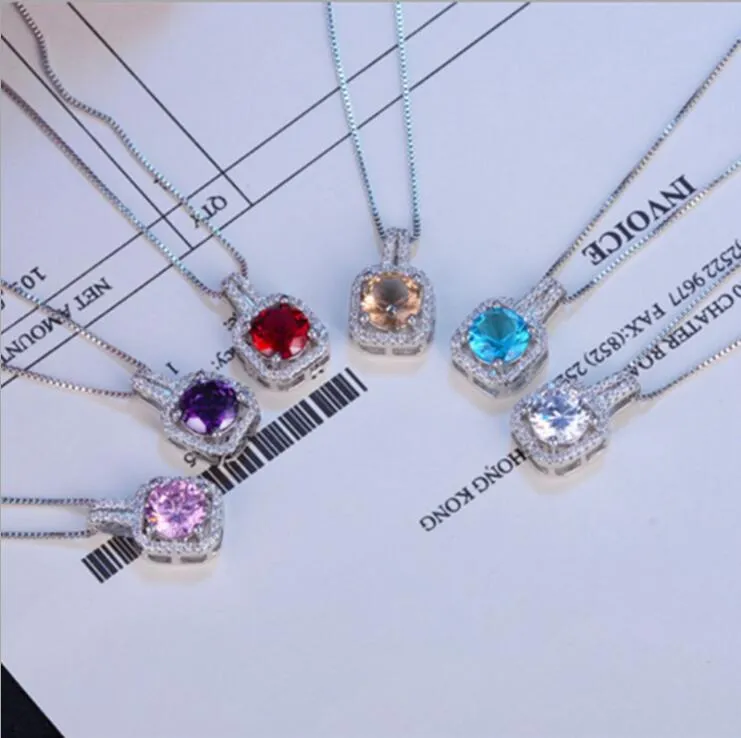 Enkelt koreanska mode smycken 925 sterling silver 6 färg zirkoniumoxid rund cut diamant cz ädelstenar kvinnor söt chian halsband hängsmycke gåva