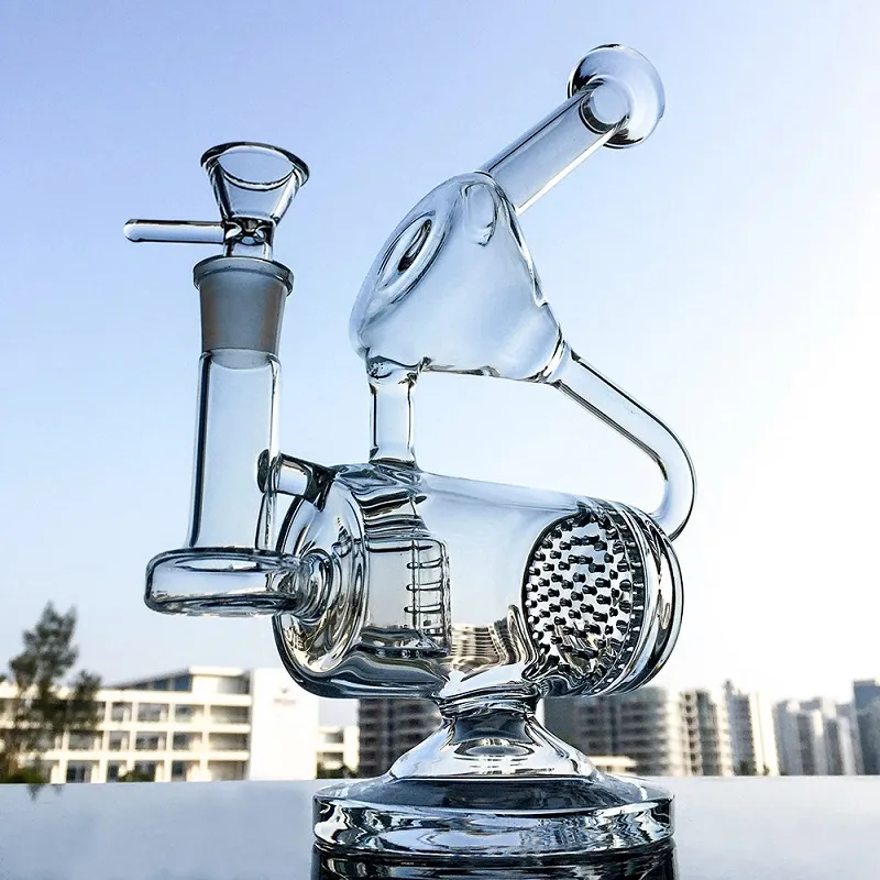 Hookahs 독특한 유리 봉 맑은 물 파이프 Recycler Dab Rig 빗 및 인라인 Perc Oil Rigs 14.5mm Joint Bongs 물 파이프 여과기 WP143