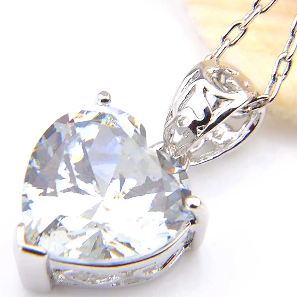 Luckyshine 925 Silver Wholesale Fashion Heart White Topaz Crystal Cubic Zirconia Pendants Necklaces Earrings Jewelry Sets