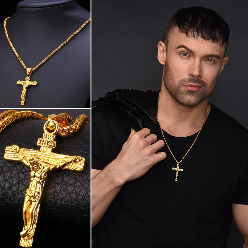 Kors Halsband Jesus Piece Pendant Gold Färg Rostfritt Stål Män Kedja Katolska Smycken Julklapp P624