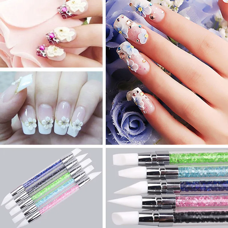 Crystal Rhinestone Decor Handle Pen 2 Way Silicone Head Carving Emboss Shaping Skulptur Nail Art Manicure Dotting Tools