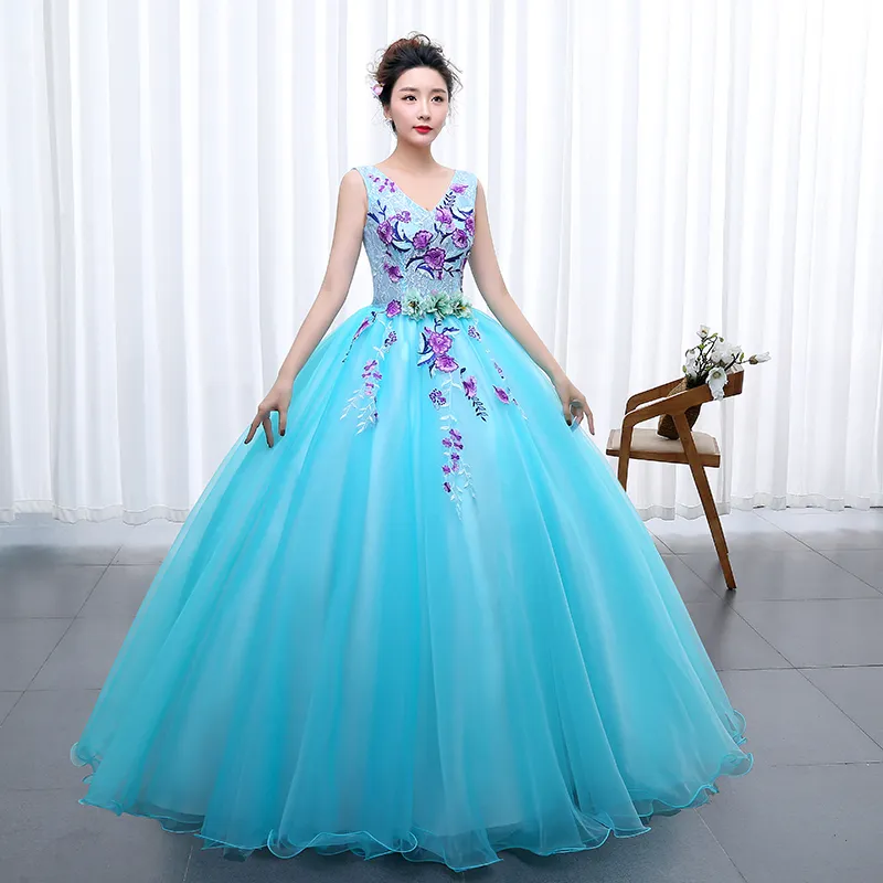 Opzc Color Yarn Princess Blue New Wedding Dress 2018 Sexy V Neck for Party Chorus Host Fleabane Goitter Stage Studio Photo