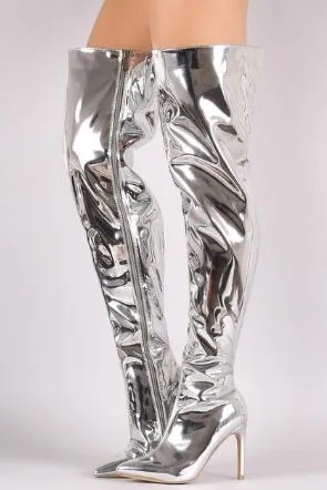 Bottes cuissardes en cuir miroir bout pointu glissière sexy sur les bottes au genou pour les femmes bottes en cuir métallisé argent or