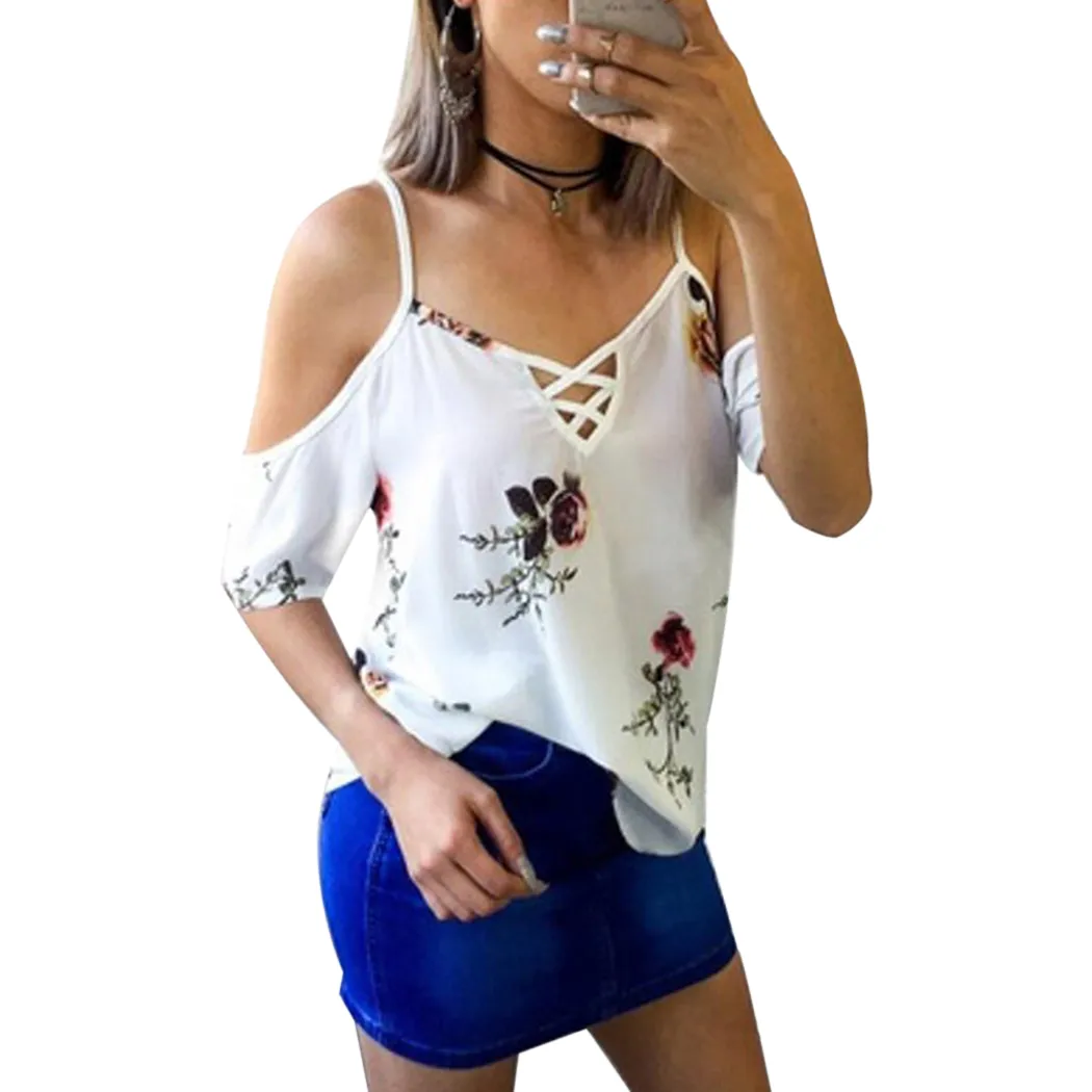 Sexy Off Shoulder Womens Tops and Blouses 2018 Zomer Floral Print Chiffon Dames Shirt Spaghetti Strap Korte Mouw Tees Blusas