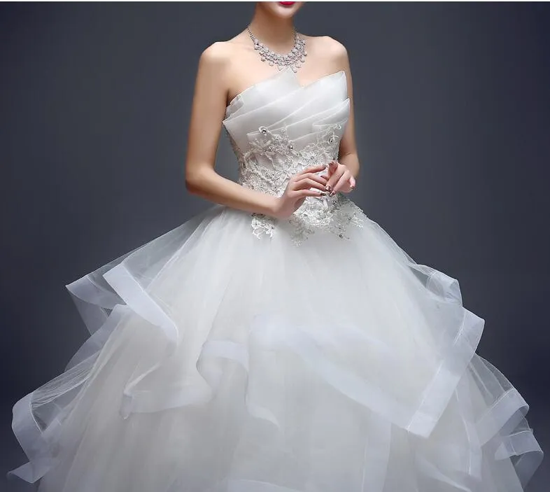 Parel Luxe Bead Fashion Strapless Trouwjurken 2018 Nieuwe Koreaanse Tiered Organza Sweet Bride Princess Jurk Vestido de Noiva