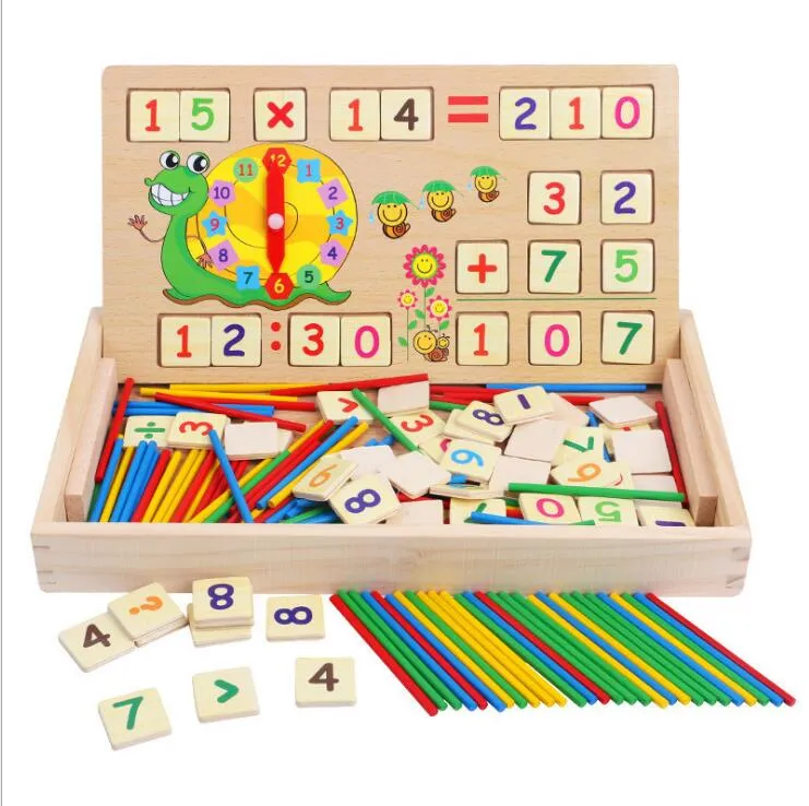 Wooden Math Toys Baby Educational Clock Cognition Math Toy with Blackboard Chalks Children Wooden Educative Toys